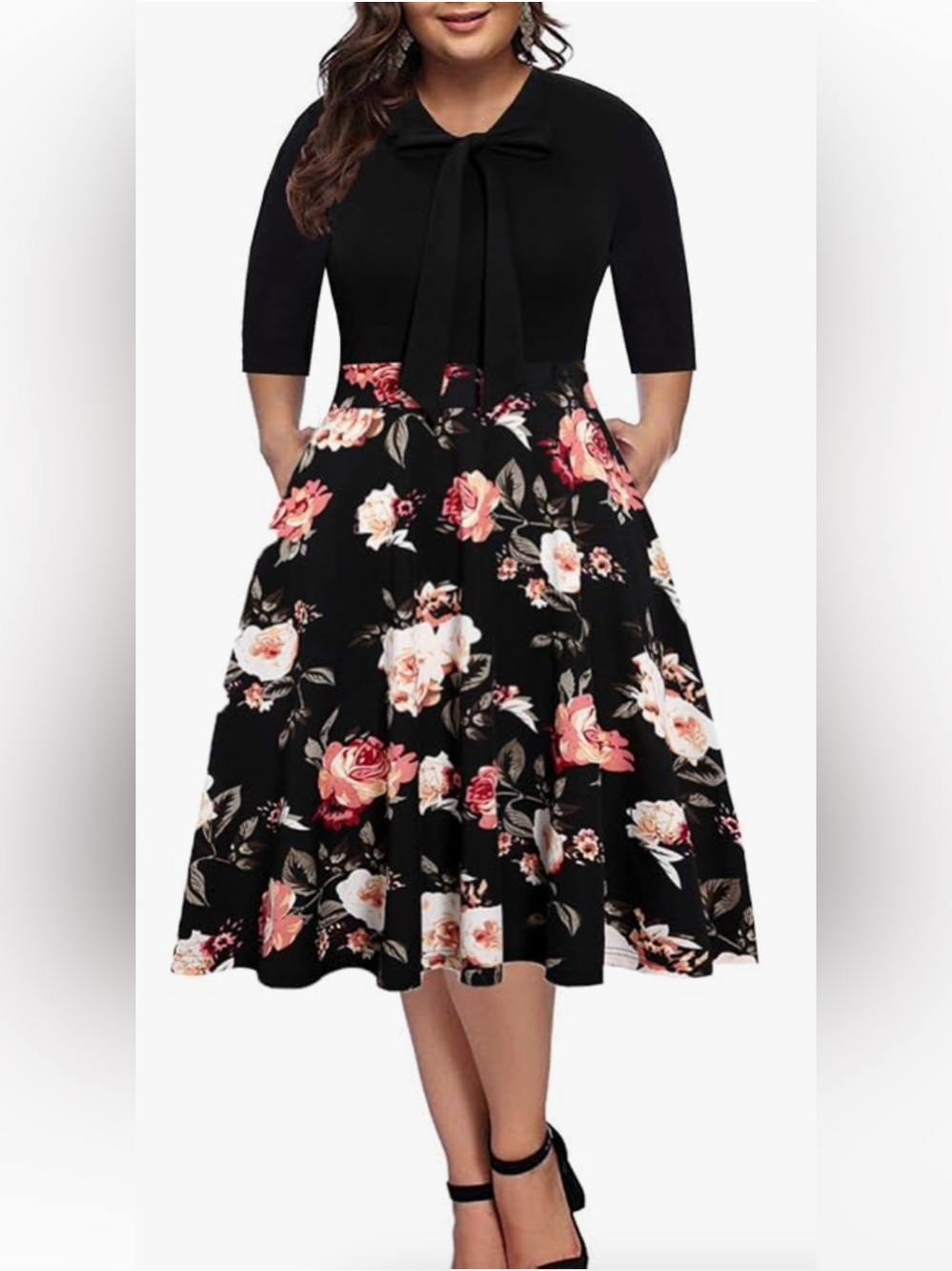 BEDOAR Vintage Black Floral Midi Dress with  Floral Print and Pockets